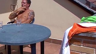 German old granny fucked by stepson on the balcony