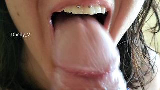Close-up Playing with My Tongue and Wet Mouth on His Cock