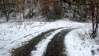 Smashing Her Tits While Hiking in the Snow