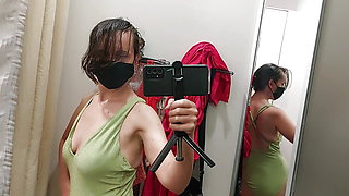 Amateur wife filmed trying on clothes. Latina fitting room big nipples, hairy ass, big breasts, long hair.