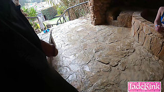 Beautiful girlfriend sucking boyfriend big dick in public sauna