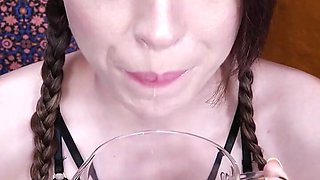 Slim bondage slut Brooke Johnson drinks yellow piss to start her rough face fucking and oral domination session at Slavemouth