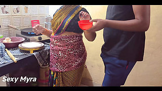 Desi Aunty Blowjob and Cumshot in Kitchen - Sexy Myra Fucks Stepson
