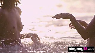 Nude asian teenager and GF watch the sunset