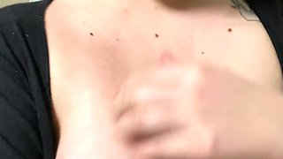 Busty curly brunette with big boobs fucks on couch