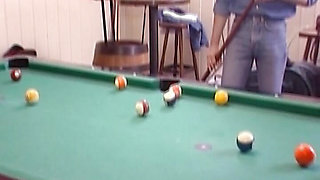 Brunette German doll sucks dick by the pool table