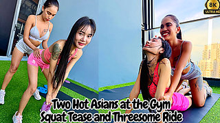 Two Hot Asians at the Gym: Squat Tease and Threesome Ride