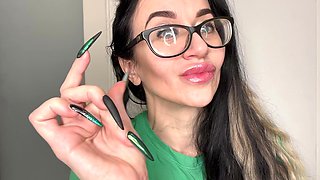 Finger Snapping and Sucking Fingers with Green Long Nails, Long Hair, Glasses and Face