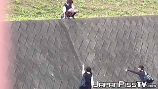 Pervy Guy Films Three Japanese Schoolgirls Peeing Outside