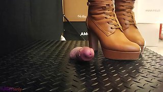 CBT and Cock Crush Trample in Brown Knee High Boots with TamyStarly - Ballbusting, Bootjob, Shoejob