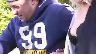 German Babe Sucks 2 Guys Outside Til They Cum in Her Mouth