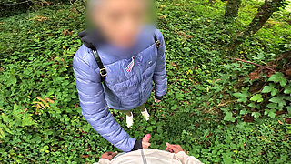 I see a girl cycling in the woods and when I go to urinate she helps me by giving me a blowjob in public