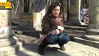 Amateur model in public nudity and outdoor dildo
