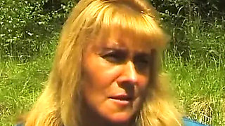 Hairy MILF blonde outdoor casting with bushy mature beauty