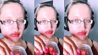 Asmr Strawberry Eating - Asmr, Eye Glasses, Gianess, Lipstick, Big Lips, Mough, Food, Face Fetish, Long Nails