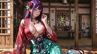 Purple Hair Kimono Girl's Private Morning! Red & Green clash is insane.