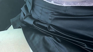 Exhibition in Micro Satin Skirt Without Panties and Transparent Pink Top in Public