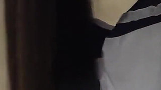 Apron-style Student Uniform, Miniskirt, White G-string Panties and White Socks, Slender Japanese Girl Cleaning Her Apartment