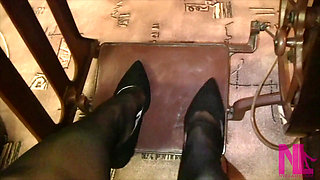 Vintage_sewing on My Granny's Old Sewing Machine in Black Pantyhose and Suede Louboutins