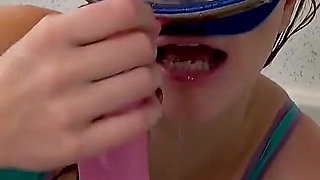 Suction Cup Dildo BJ in Latex Swimsuit & Dive Mask