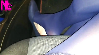 Dangling and Shoeplaying in Blue Pantyhose and Blue Flats on a Gas Station