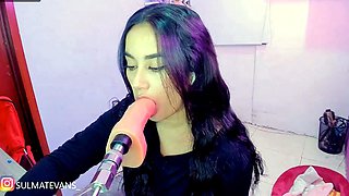 Brunette Sucks Big Pink Dildo Machine