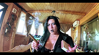 Amazon Smoking MILF in Leather. Big Cigar Blowjob, Doggy and Double Cum on Clothes and Hair