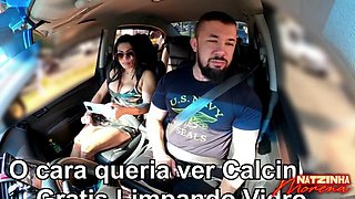 Roadside Blowjob: Brunette Exposes Boobs and Gives Head in Car