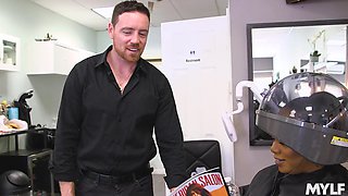 Risky fuck with a tanned blonde MILF Bridgette B in the barber shop