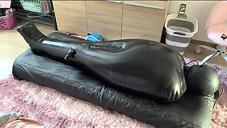 Game-01: Wife Punishes Her Slave in Full-body-inflate Latex Bag - Estim - Restricted Breathing - Bagged