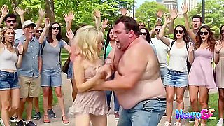 Babe revels in public pleasure as crowd surrounds and big fat chubby takes control