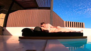 Hot curvy redhead got fucked by the pool in a white fishnet