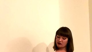 Busty curly brunette with big boobs fucks on couch