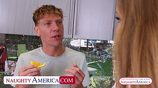 Horny MILF Annie King hooks up with her son's friend in the laundry