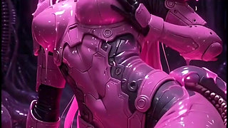 Pink anime girl elf in pink combat suit, gets rubbed by hoses