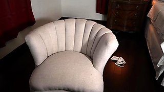 Busty curly brunette with big boobs fucks on couch