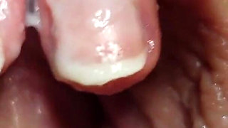 Playing with My Creamy Big Labia Pussy Closeup