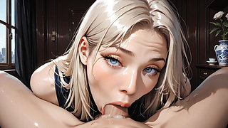 Blonde Colombian Blue Eyes Kneeling Sucking Thick Cock Of Her Boyfriend With Desire, Blowjob Deep Full Throat, Saliva Cumming