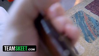 Step sisters Demi Sutra & evelin stone take turns sucking and riding bf's big shaft - teamskeet