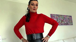 Bossy brunette MILF Lady Victoria Valente watches you pleasure yourself during lunch break in sexy leather