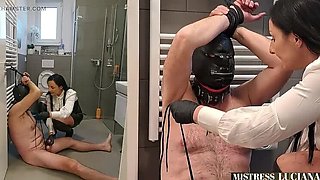German Femdom Mistress Luciana Humiliates & Wanks Tied Up Slave Loser - Extreme BDSM CBT & Handjob