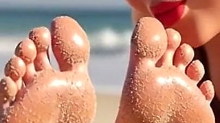 Fat Woman Licking Sandy Feet of Skinny Girl - Beach Humiliation