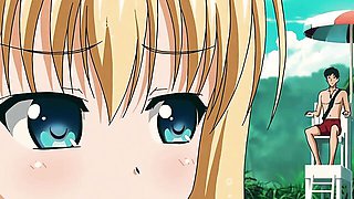 Blonde twin-tails green striped bikini on beach mat