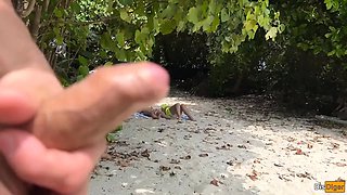 Public Pickup Stepmom and Stepdaughter on Beach - Risky Dick Flashing