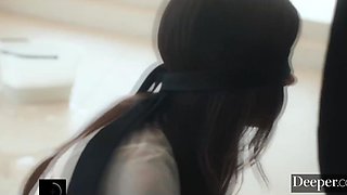 Brunette cutie Charlotte Mae in a blindfolded BBC gangbang