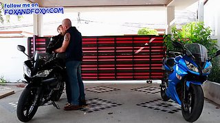 Hot shorthair biker girl gets doggystyle creampie in parking lot - Lisa Fox swallows cum