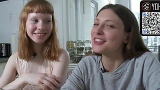 Redhead and dark haired lezzy play in kitchen with vagina