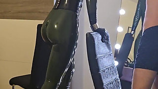 Gagged Latex Slave Girl Walks in Pony Heels and Ballet Boots on Treadmill and Gets an Orgasm at the End and a Cumshot on Her Fac