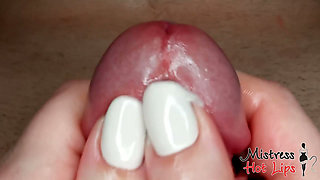 She caresses his frenulum and he quickly cums.