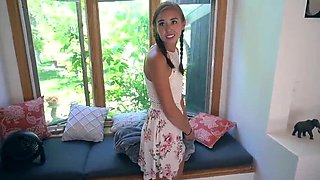 Naughty babysitter BrandiBraids gets caught and takes a huge cumshot